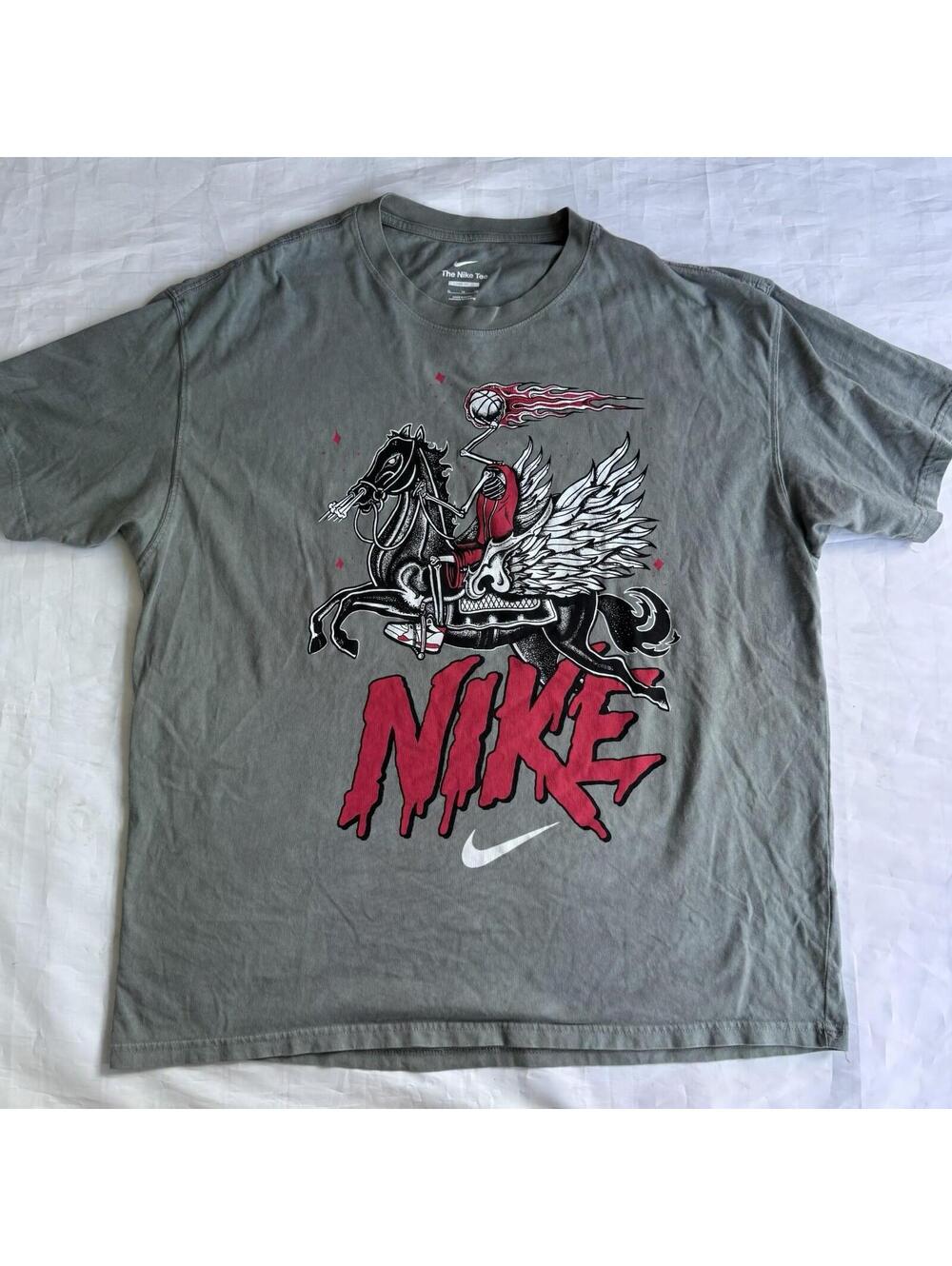 Nike Graphic Grim Reaper Pegasus Horse T-Shirt Gray Red XL The Nike Tee Loose
